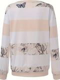 kkboxly  Floral Print Striped Zipper Pullover Sweatshirt, Casual Long Sleeve Sweatshirt For Fall & Winter, Women's Clothing