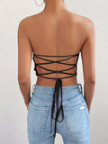 kkboxly  Solid Textured Hanky Hem Tube Top, Versatile Cross Tie Back Tube Summer Top, Women's Clothing