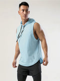 kkboxly  Men's Sleeveless Drawstring Hooded Vest With Reflective Patterns  Activewear Tank Top For Gym Workout