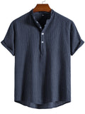 kkboxly  Men's Cotton & Linen Striped Half Button Shirt