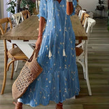 Kkboxly  Ikat Print Drawstring Dress, Boho Ruffle Trim V Neck Half Sleeve Summer Dress, Women's Clothing