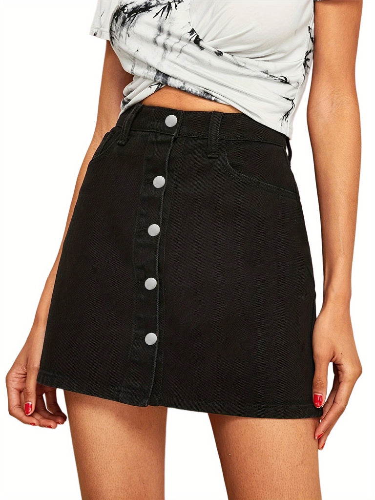 kkboxly  Black High Waist Denim Skirt, Slash Pockets High Rise Single-Breasted Button Denim Skirt, Women's Denim Clothing