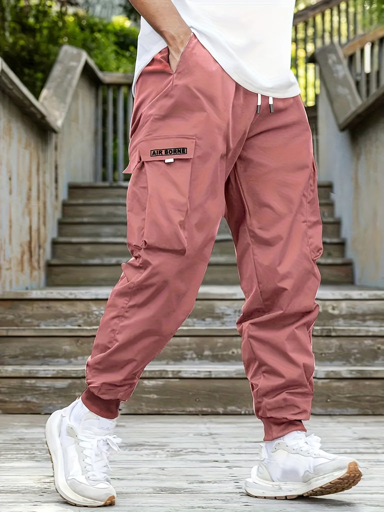 kkboxly  Men's Drawstring Cargo Pants With Flap Pockets, Loose Casual Comfy Jogger Pants