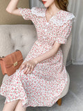 kkboxly  Ditsy Floral Print Dress, Cute Short Sleeve Slim Waist Dress, Women's Clothing