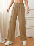 kkboxly  Flap Pockets Straight Leg Cargo Pants, Casual High Waist Pants, Women's Clothing