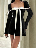 kkboxly  Striped Bow Tie Dress, Party Wear Squared Neck Long Sleeve Mini Dress, Women's Clothing