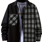 Men's Casual Cotton Stitch Plaid Button Up Shirt With Chest Pocket, Male Clothes For Spring And Fall