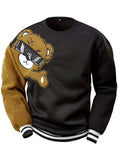 Men's Cartoon Bear Embroidery Crew Neck Sweatshirt, Loose Fit Sports Tops