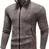 kkboxly  Warm Stand Collar Fleece Jacket, Men's Semi-formal Comfortable Solid Color Zip Up Knitted Cardigan For Spring Fall