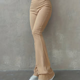 kkboxly  Solid Ribbed Flare Leg Pants, High Waist Slim Elastic Pants, Women's Clothing