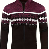Elegant Mid Stretch Ethnic Retro Cardigan, Men's Casual Vintage Style V Neck Full Zip Up Cardigan Sweater Coat For Fall Winter