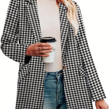 kkboxly  Houndstooth Print Single Breasted Blazer, Elegant Lapel Pockets Blazer For Office & Work, Women's Clothing