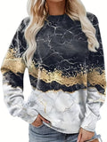 kkboxly   Marble Print Crew Neck Sweatshirt, Casual Long Sleeve Versatile Sweatshirt, Women's Clothing