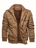 kkboxly  Warm Plush Fleece Cotton Jacket, Men's Casual Zipper Pockets Stand Collar Jacket Coat For Fall Winter