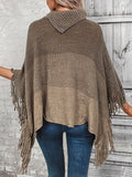 Color Block Tassel Trim Cape Sweater, Casual Asymmetrical Collar Button Sweater, Women's Clothing