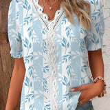 kkboxly   Floral Print Contrast Lace Blouse, Casual V Neck Short Sleeve Summer Blouse, Women's Clothing