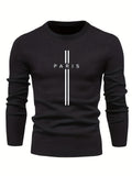 kkboxly  "Paris" Print Creative Knitted Sweater, Men's Casual Crew Neck Medium Stretch Sweater