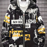 Graffiti & Cartoon Bear Pattern Hooded Windbreaker Reversible Jacket, Men's Casual Chic Zip Jacket For Spring Fall