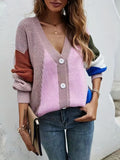 kkboxly  Color Block Button Front Cardigan, Casual Long Sleeve Knitted Cardigan, Women's Clothing