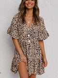 Kkboxly  Leopard Print Button Tiered Dress, Ruffle Hem V Neck Short Sleeve Layered Dress, Casual Every Day Dress, Women's Clothing