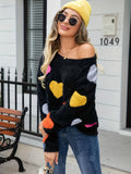 kkboxly Heart Pattern Crew Neck Fleece Sweater, Valentine's Day Long Sleeve Cozy Pullover Sweater, Women's Clothing