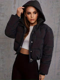 kkboxly  Solid Drawstring Pleated Slim Coat, Long Sleeve Short Length Winter Warm Top, Women's Clothing