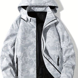 kkboxly  Detachable Hood Waterproof Camo Pattern Men's Jacket, Men's Casual Zip Up Jacket For Spring Fall Outdoor