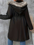 kkboxly  Plus Size Casual Winter Coat, Women's Plus Solid Long Sleeve Drawstring Fuzzy Trim Hooded Zip Up Snap Buttons Tunic Parka Coat With Pockets