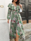 kkboxly  Bohemian Floral Print Belted Dress, Elegant V Neck Long Sleeve Dress, Casual Every Day Dress, Women's Clothing