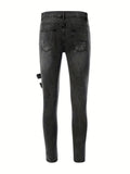 kkboxly  Zipper Decoration Slim Fit Ripped Biker Jeans, Men's Casual Street Style Distressed Slightly Stretch Denim Pants For Spring Summer