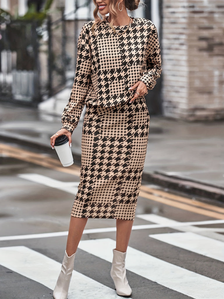 kkboxly  Houndstooth Print Elegant Two-piece Set, Crew Neck Long Sleeve Tops & Split Skirts Outfits, Women's Clothing