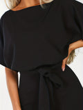 2025 kkboxly  Tie Waist Wide Leg Jumpsuit, Casual Short Sleeve Crew Neck Jumpsuit, Women's Clothing