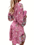 kkboxly  Floral Print Dress, Boho V Neck Long Sleeve Ruffle Trim Dress, Women's Clothing