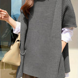 kkboxly  Plus Size Casual Knit Top, Women's Plus Solid Short Sleeve Round Neck Split Hem Loose Knit Top