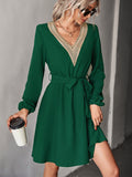 kkboxly  Women's Dresses V Neck Long Sleeve Lace Ruffles Waist Regular Hem Party Dresses