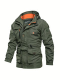 kkboxly  Casual Multi-pocket Light Weight Drawstring Waist Zip Up Hooded Jacket Coat, Men's Cotton Jacket For Fall Outdoor