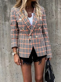 kkboxly  Plaid Print Double Breasted Blazer, Casual Long Sleeve Lapel Outerwear, Women's Clothing