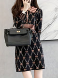 kkboxly  Chain Print Button Front Dress, Elegant Long Sleeve Dress, Women's Clothing