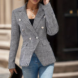 kkboxly  Houndstooth Print Lapel Blazer, Elegant Double Breasted Long Sleeve Outerwear, Women's Clothing