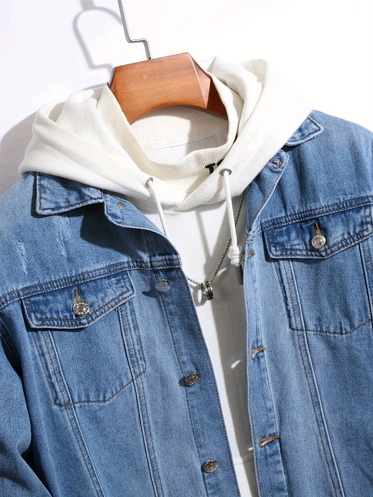 kkboxly  Chic Denim Jacket, Men's Casual Street Style Lapel Flap Pockets Contrast Stitching Jacket Coat For Spring Fall