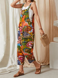 kkboxly  Abstract Print Overall Jumpsuit, Casual Button Overall Jumpsuit For Spring & Summer, Women's Clothing