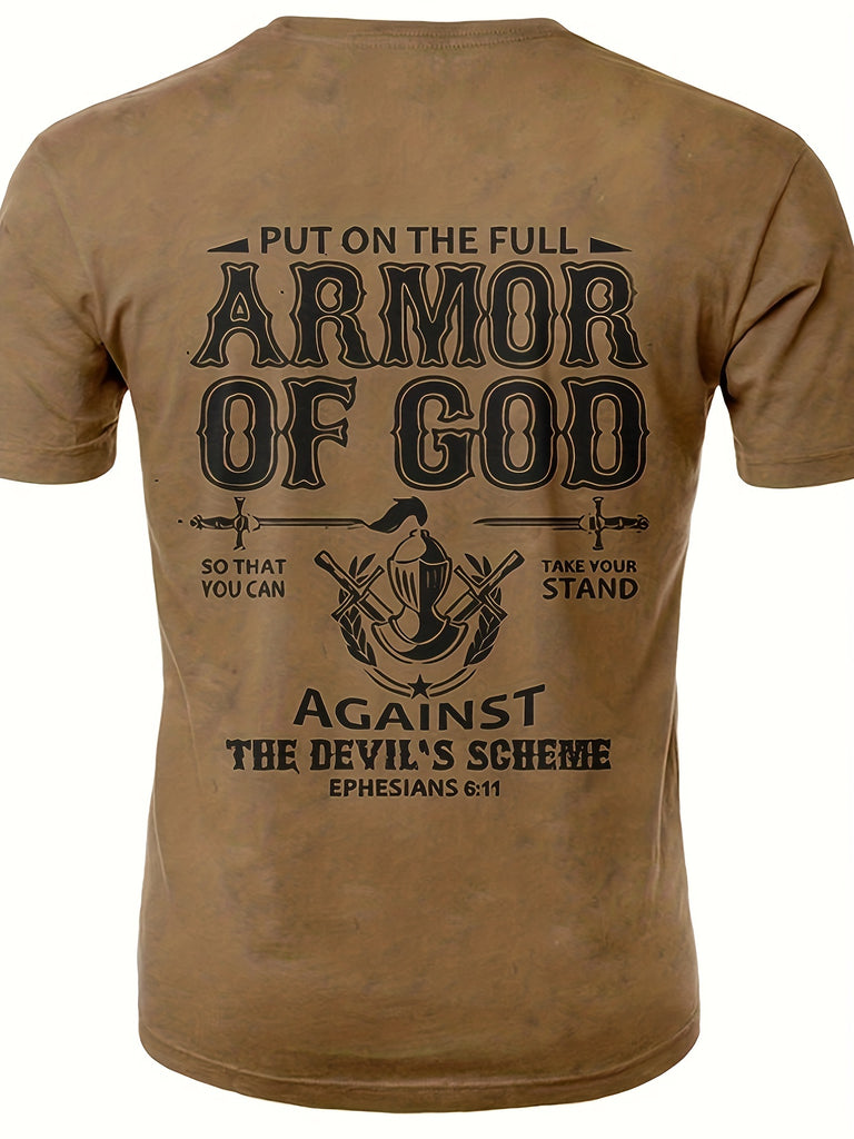 kkboxly  Retro Armor Of God Print, Men's Graphic Design Crew Neck Novel T-shirt, Casual Comfy Tees Tshirts For Summer, Men's Clothing Tops For Daily Vacation Resorts