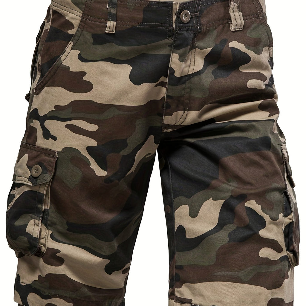 kkboxly Men's Street Style Outfit: Camo Pattern Cargo Shorts With Pockets - Look Stylish & Trendy!