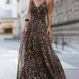 kkboxly  Leopard Print Spaghetti Dress, Sexy V Neck Backless Cami Dress, Women's Clothing