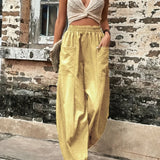 2025 kkboxly  Boho Solid Elastic Waist Harem Pants, Casual Long Length Baggy Pants With Pockets For Spring & Summer, Women's Clothing