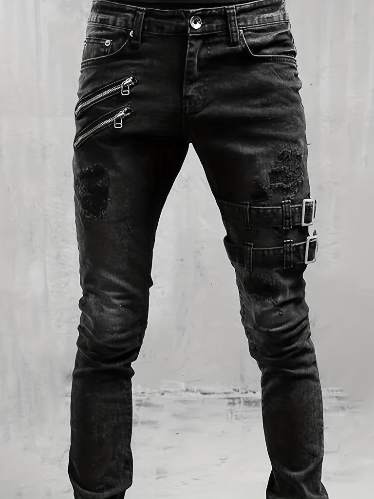 kkboxly  Zipper Decoration Slim Fit Ripped Biker Jeans, Men's Casual Street Style Distressed Slightly Stretch Denim Pants For Spring Summer