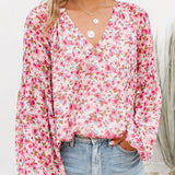 kkboxly   Floral Print Long Sleeve Blouse, V Neck Random Print Casual Top, Women's Clothing