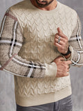 kkboxly  Crew Neck Knitted Sweater, Men's Casual Warm Color Block Plaid Sleeves Slightly Stretch Pullover Sweater For Fall Winter