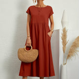 kkboxly Loose Pocket Solid Dress, Casual Short Sleeve Crew Neck Waist Summer Dress, Women's Clothing