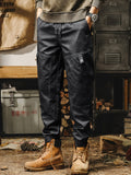 kkboxly  Retro Casual Men's Cotton Blend Long Drawstring Footed Trousers With Multiple Pockets, Spring Fall Outdoor, Street Style